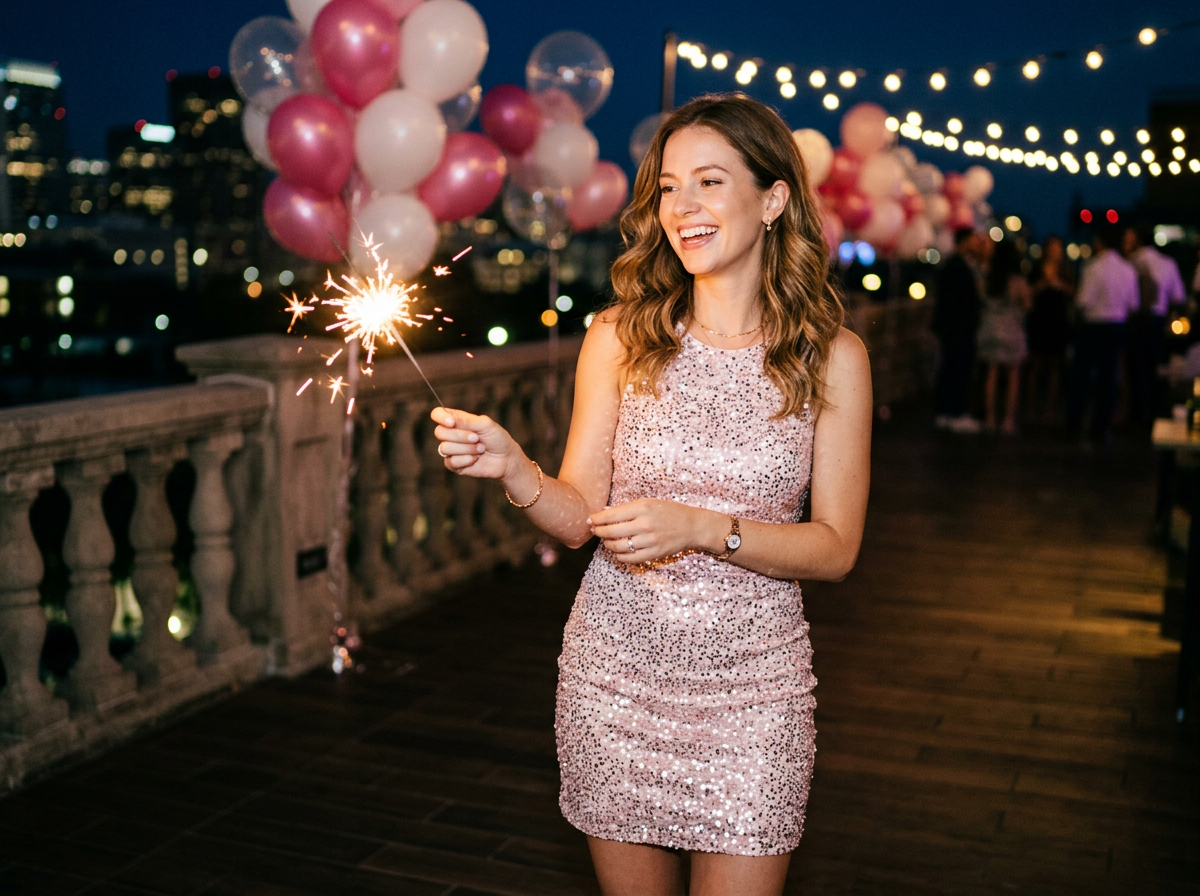Generated sample image: a woman in a pink sequin mini dress holding a sparkler on a rooftop with balloons