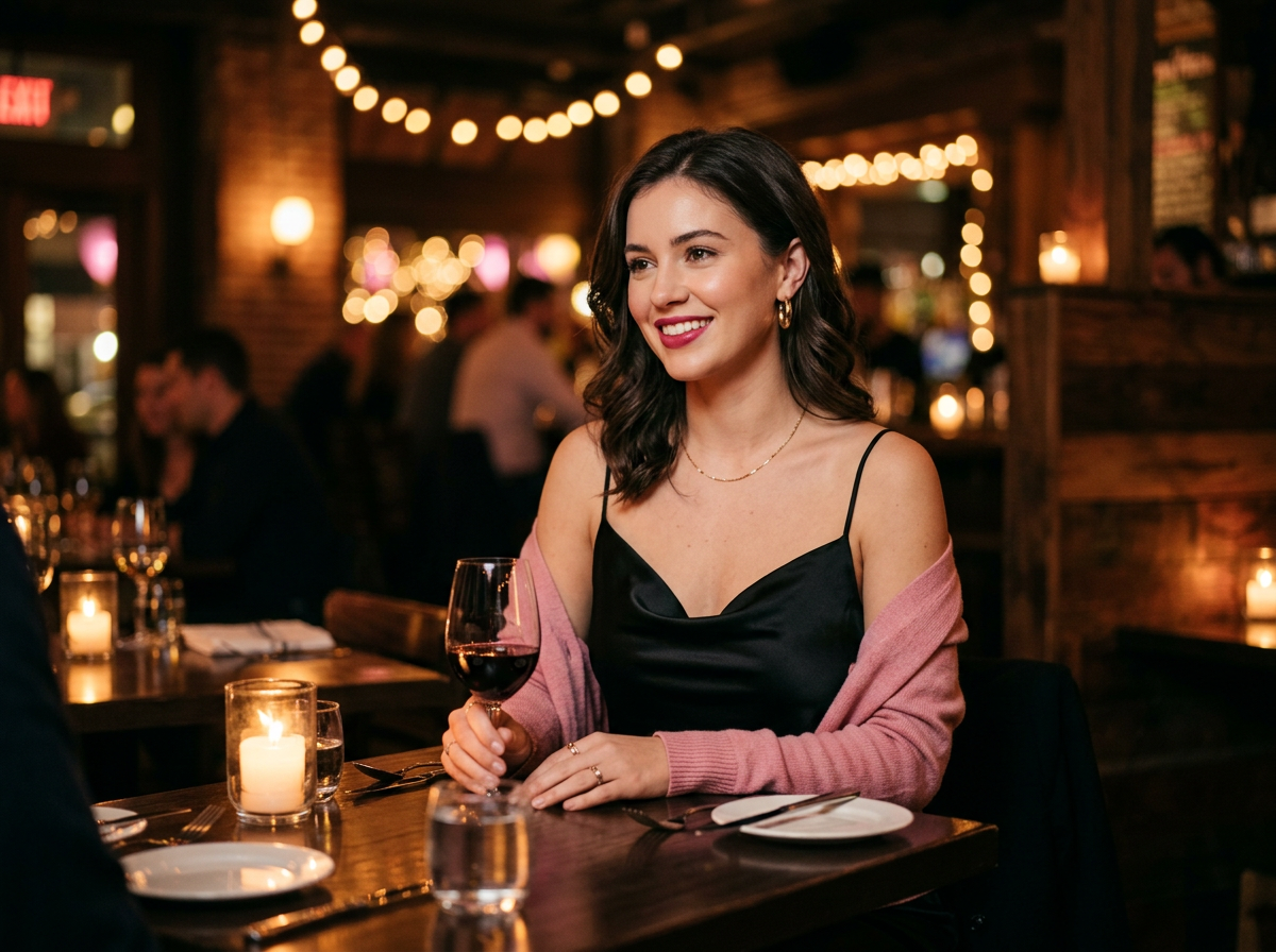 Generated sample image: a smiling woman in a black satin slip dress and pink cardigan at a candlelit restaurant table