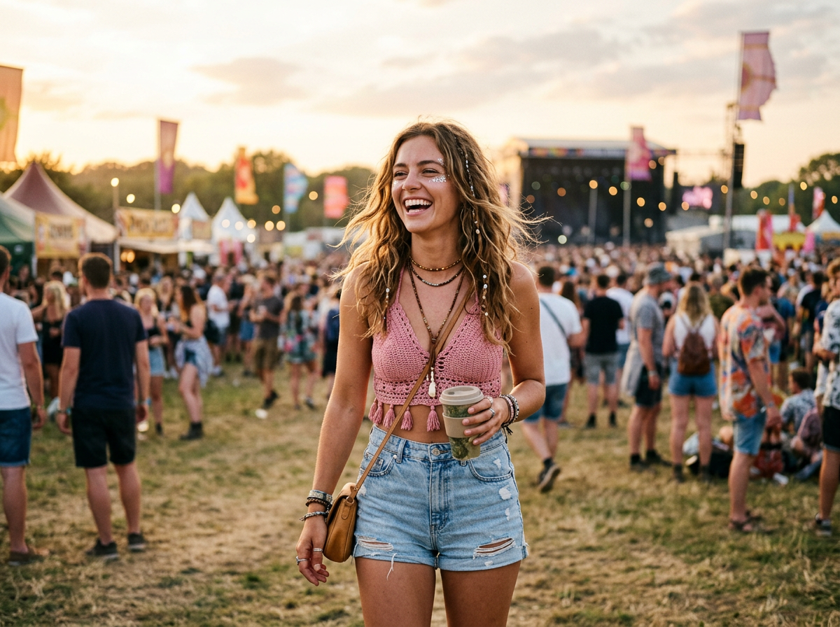 Generated sample image: a laughing woman in a crochet top and denim shorts at a festival at sunset