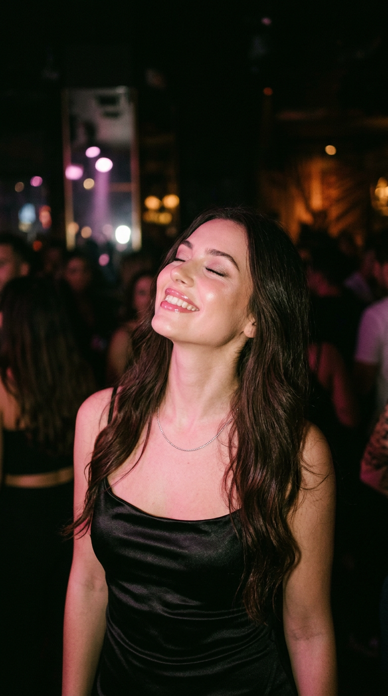 Sample screen: a woman on a night out in a black satin top, smiling with her eyes closed
