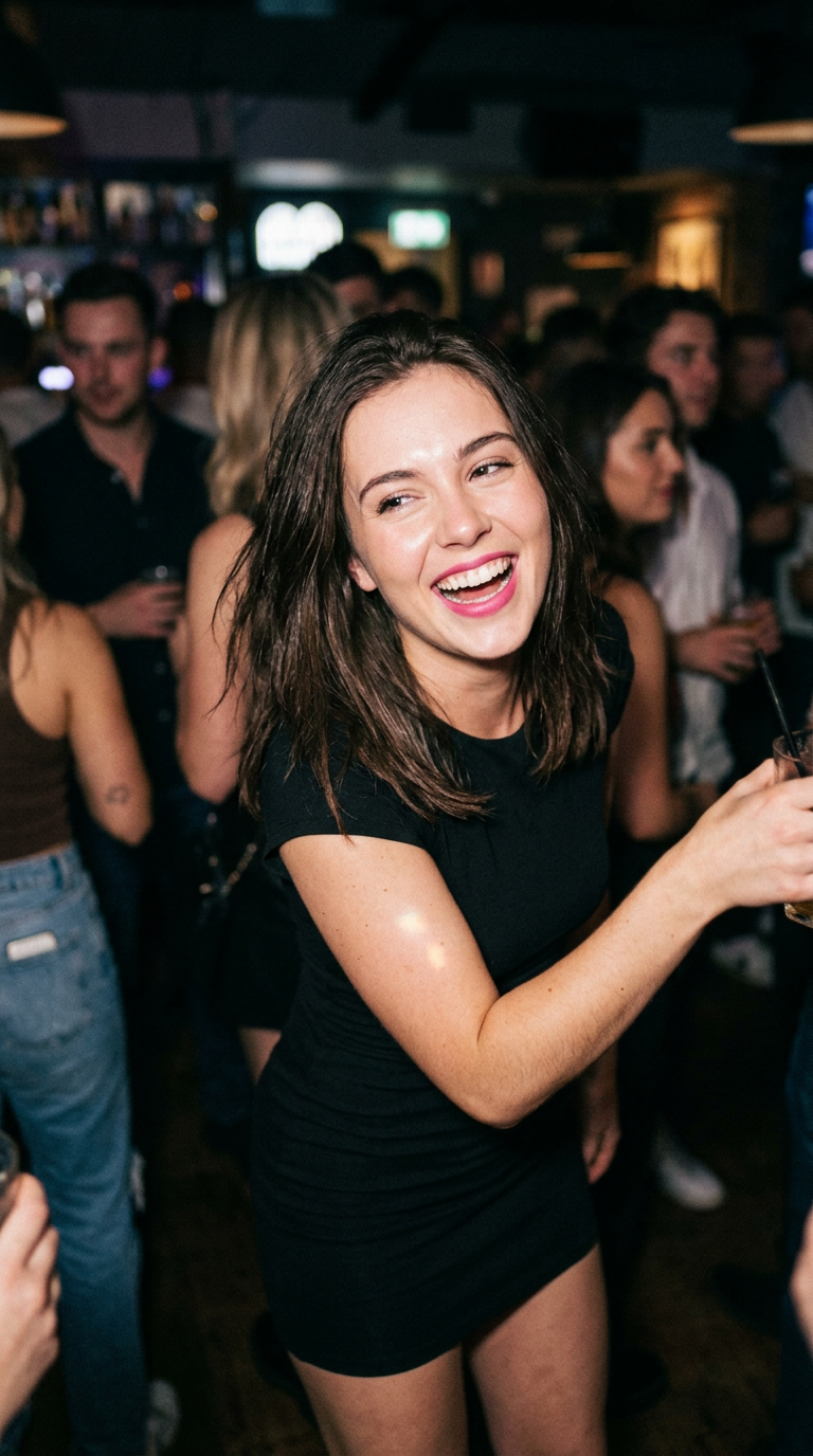 Generated sample image: a woman in a black dress laughing on a crowded night out