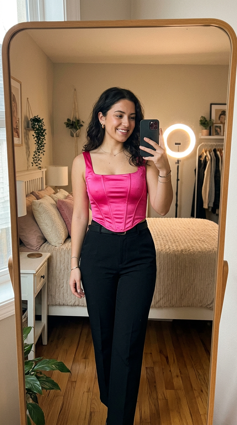 Sample saved look: a woman in a hot pink satin top and black trousers taking a mirror photo