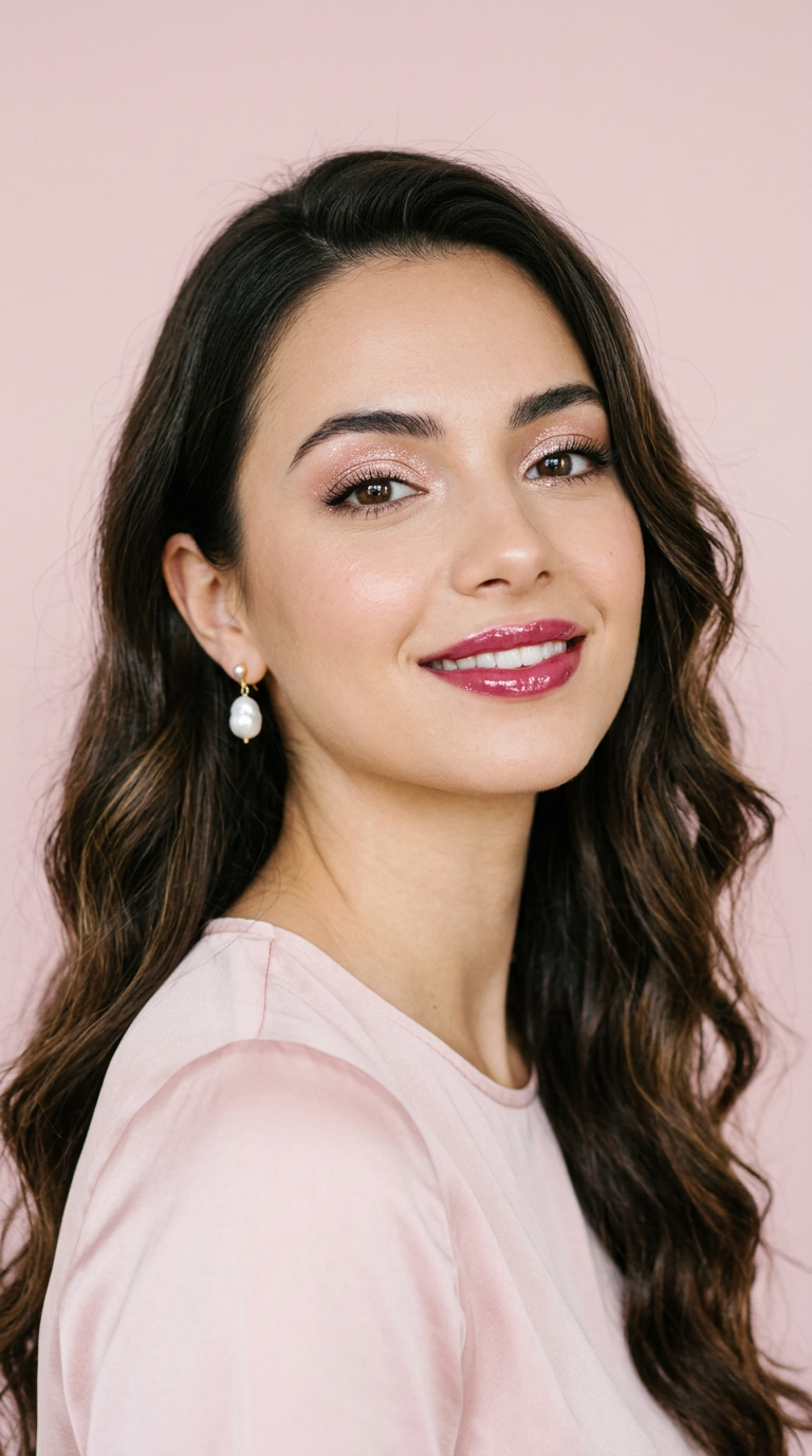 Generated sample image: a woman with waved dark hair, glossy lips and pearl earrings against a pink wall